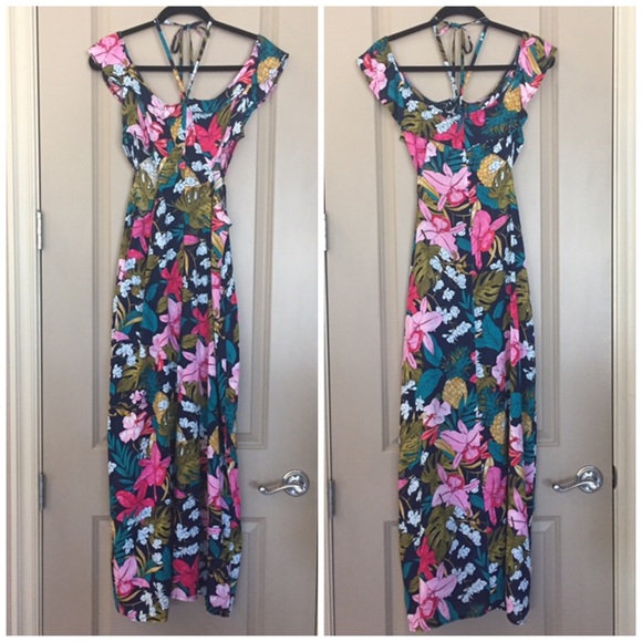 Floral Split Hem Cut Out Off Shoulder Halter Dress - Picture 6 of 8